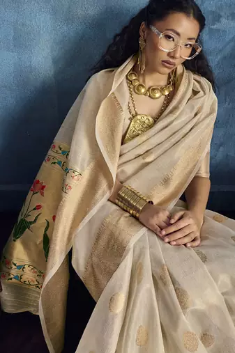 Beige zari tissue handloom weaving saree