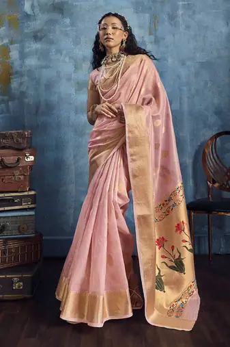 Baby pink zari tissue handloom weaving saree