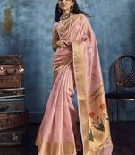 Baby pink zari tissue handloom weaving saree