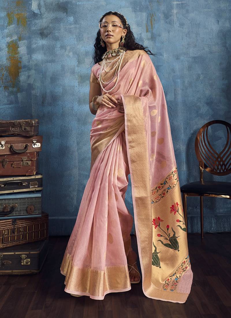 Baby pink zari tissue handloom weaving saree