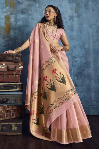 Baby pink zari tissue handloom weaving saree