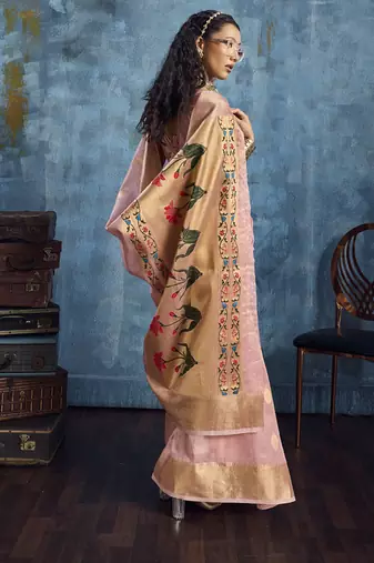 Baby pink zari tissue handloom weaving saree