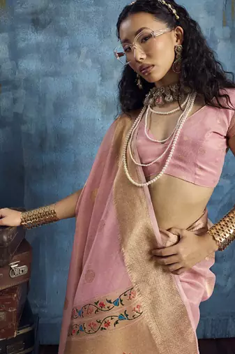 Baby pink zari tissue handloom weaving saree