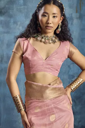 Baby pink zari tissue handloom weaving saree