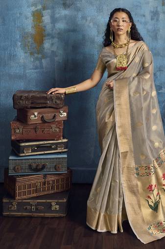 Gray zari tissue handloom weaving saree