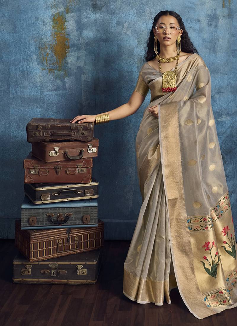 Gray zari tissue handloom weaving saree