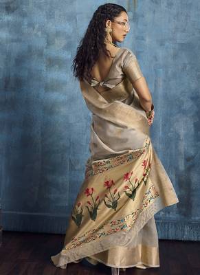 Gray zari tissue handloom weaving saree 2