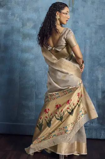 Gray zari tissue handloom weaving saree