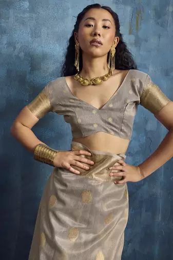 Gray zari tissue handloom weaving saree