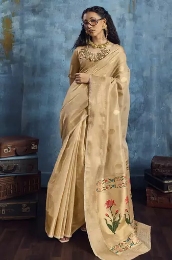 Cream zari tissue handloom weaving saree