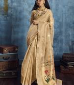 Cream zari tissue handloom weaving saree