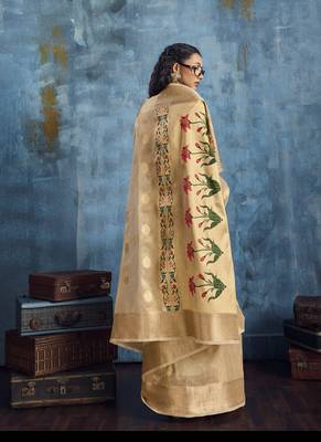 Cream zari tissue handloom weaving saree 2