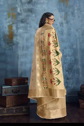 Cream zari tissue handloom weaving saree