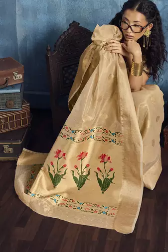 Cream zari tissue handloom weaving saree