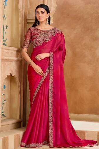 Rich pink sartin chiffon saree & sartin work saree