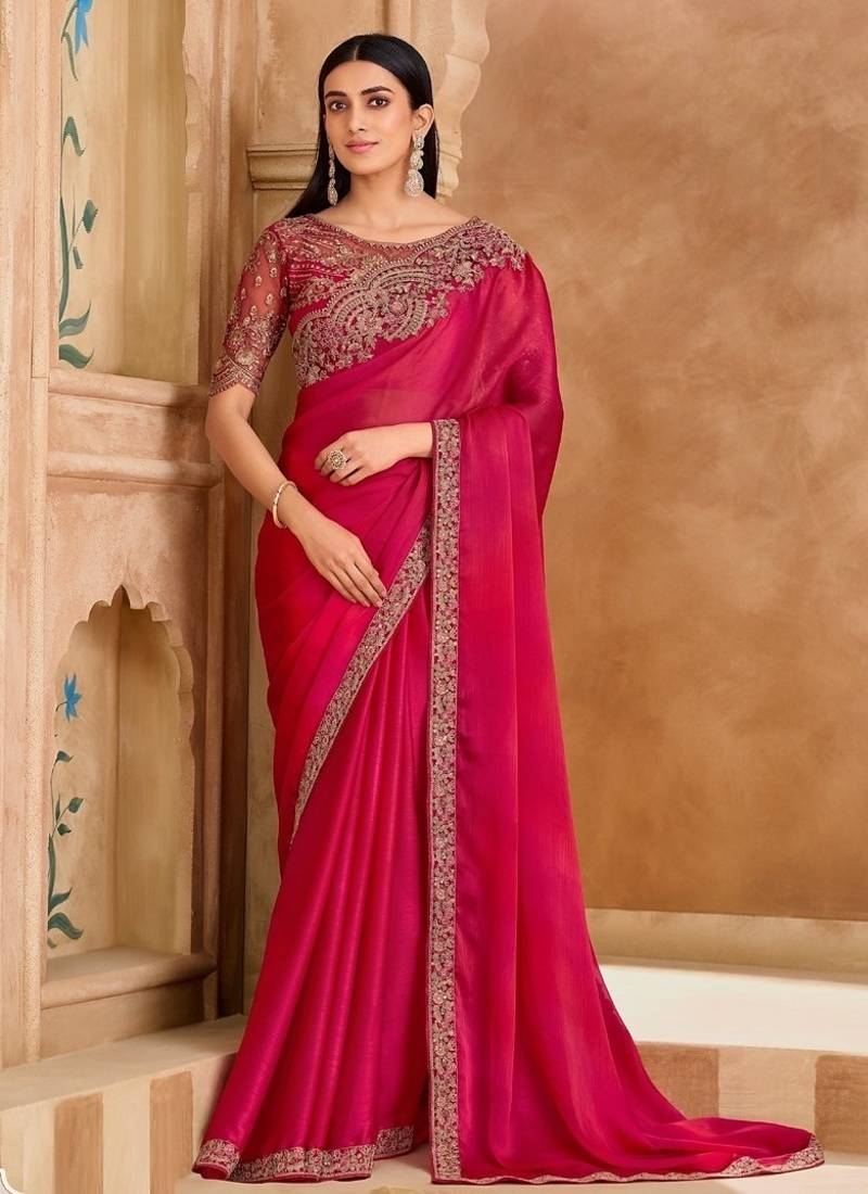 Rich pink sartin chiffon saree & sartin work saree