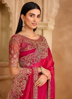 Rich pink sartin chiffon saree & sartin work saree 2