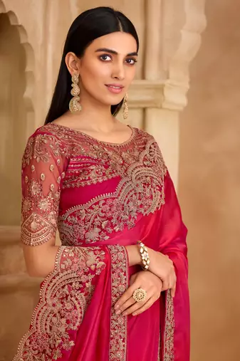 Rich pink sartin chiffon saree & sartin work saree