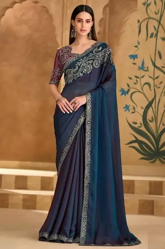 Twilight blue silk georgette saree & georgette work blouse
