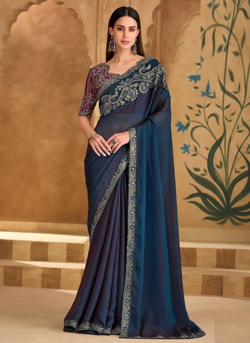 Twilight blue silk georgette saree & georgette work blouse
