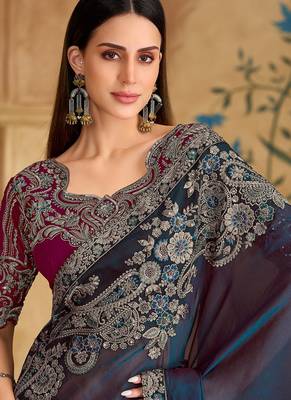 Twilight blue silk georgette saree & georgette work blouse 2