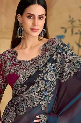 Twilight blue silk georgette saree & georgette work blouse