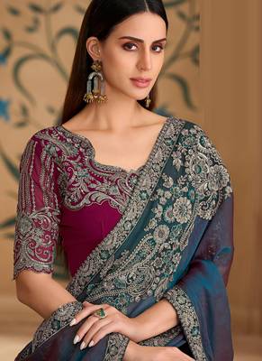 Twilight blue silk georgette saree & georgette work blouse 3