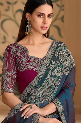 Twilight blue silk georgette saree & georgette work blouse