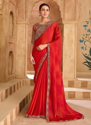 Dark orange sartin chiffon saree & banglori work blouse 1