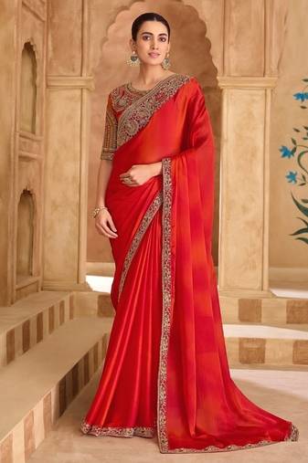 Dark orange sartin chiffon saree & banglori work blouse