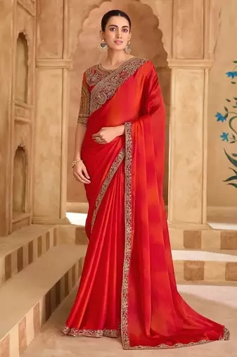 Dark orange sartin chiffon saree & banglori work blouse