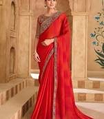 Dark orange sartin chiffon saree & banglori work blouse