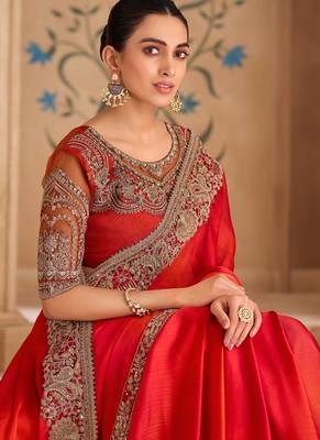 Dark orange sartin chiffon saree & banglori work blouse 2