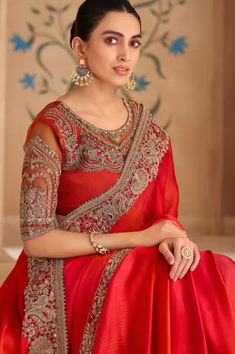 Dark orange sartin chiffon saree & banglori work blouse