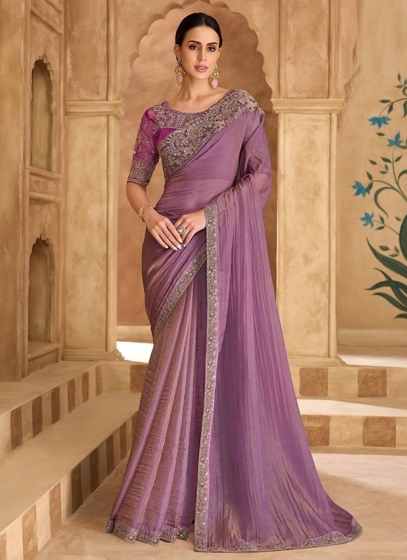 Onion pink tissue crashed georgette saree & banglori work blouse