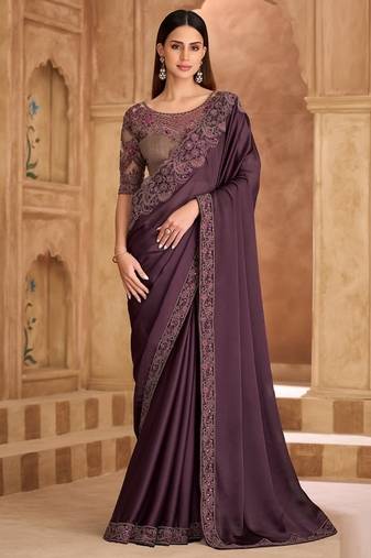 Wine silk sartin chiffon saree & banglori work blouse