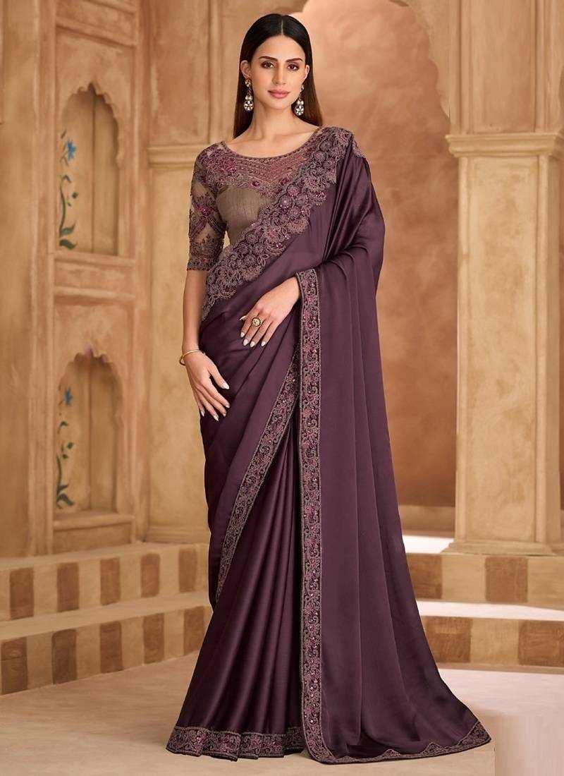 Wine silk sartin chiffon saree & banglori work blouse