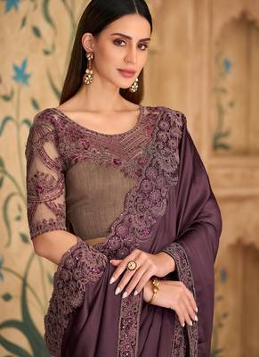 Wine silk sartin chiffon saree & banglori work blouse 2