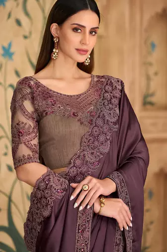 Wine silk sartin chiffon saree & banglori work blouse