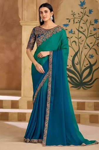 Shaded peacock green & blue shaded chiffon saree & banglori work blouse