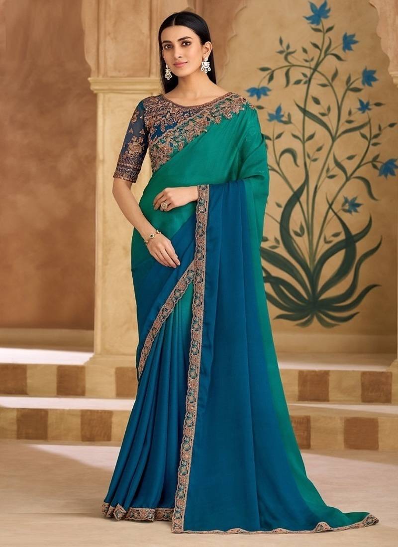 Shaded peacock green & blue shaded chiffon saree & banglori work blouse