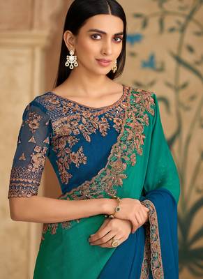 Shaded peacock green & blue shaded chiffon saree & banglori work blouse 2