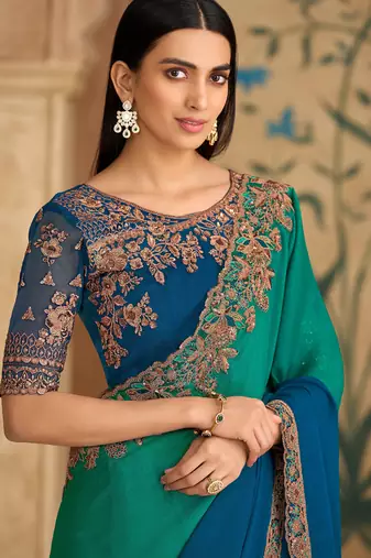 Shaded peacock green & blue shaded chiffon saree & banglori work blouse