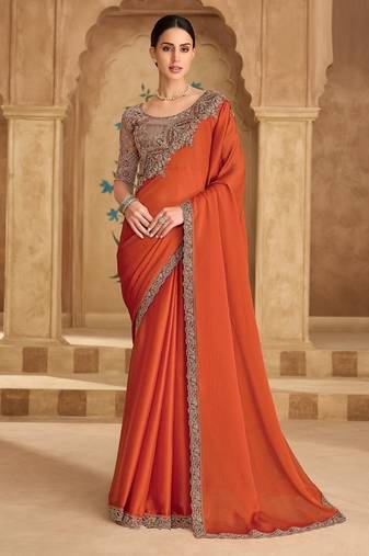 Saffron sartin chiffon saree & banglori work blouse