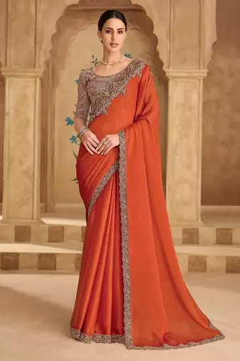 Saffron sartin chiffon saree & banglori work blouse