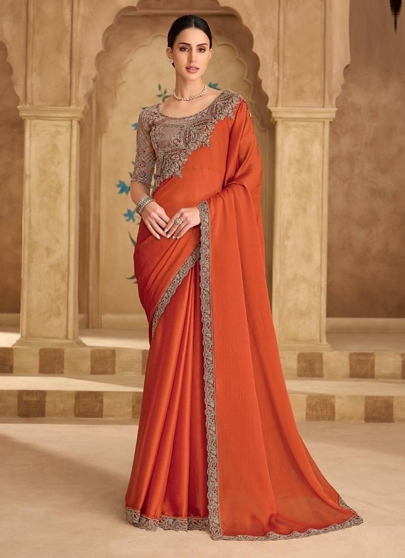 Saffron sartin chiffon saree & banglori work blouse
