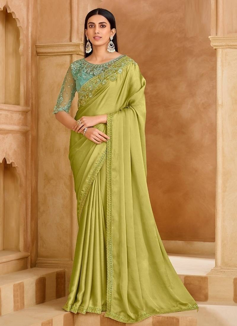 Pista green sartin chiffon saree & banglori work blouse
