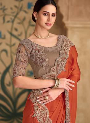 Saffron sartin chiffon saree & banglori work blouse 2