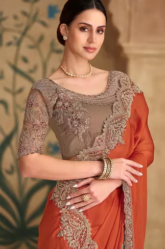 Saffron sartin chiffon saree & banglori work blouse