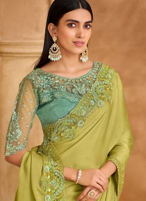 Pista green sartin chiffon saree & banglori work blouse 2